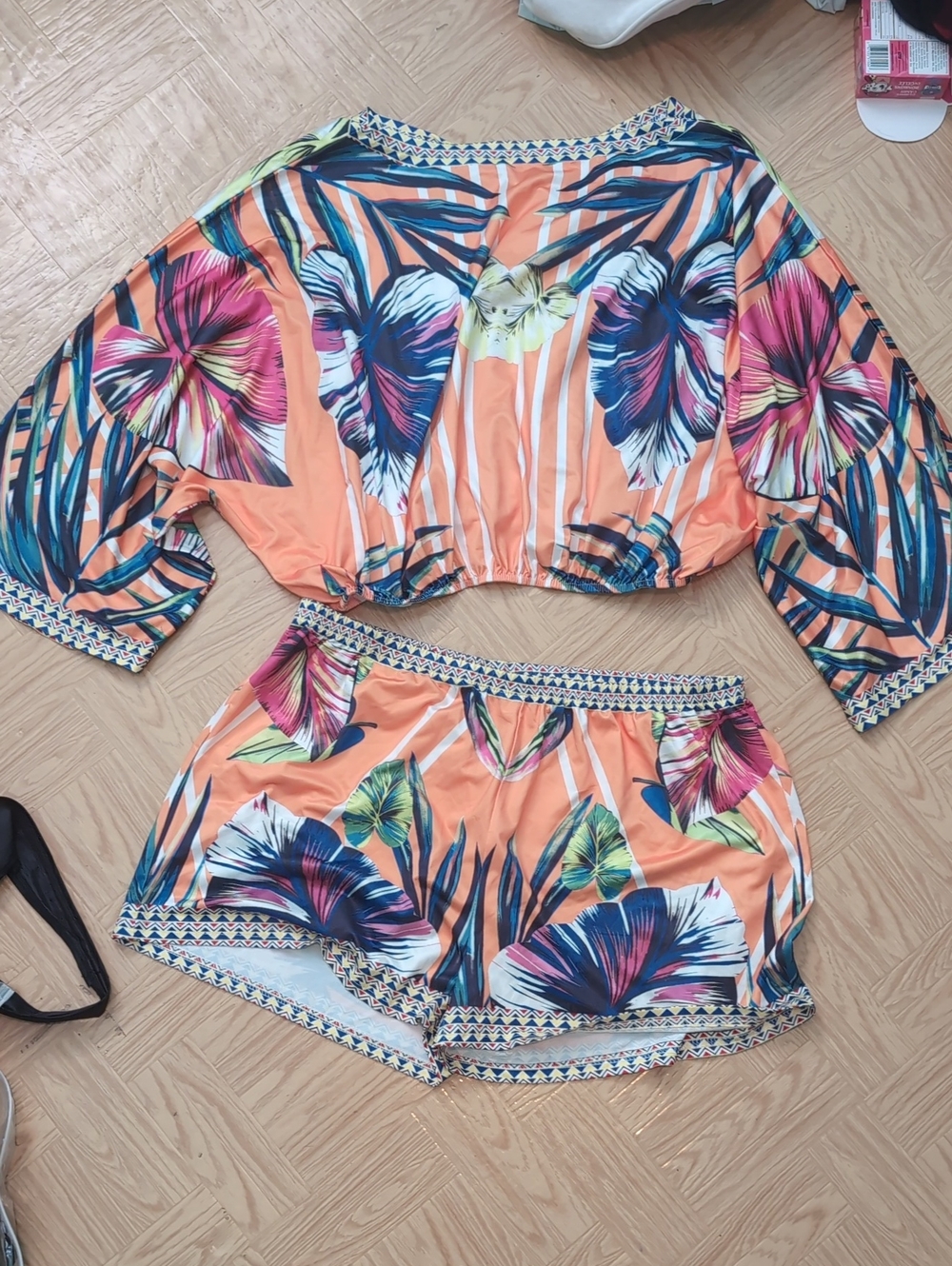 🍁Tropical Peach Two-Piece Lounge Set with Bold Floral Print 2xl